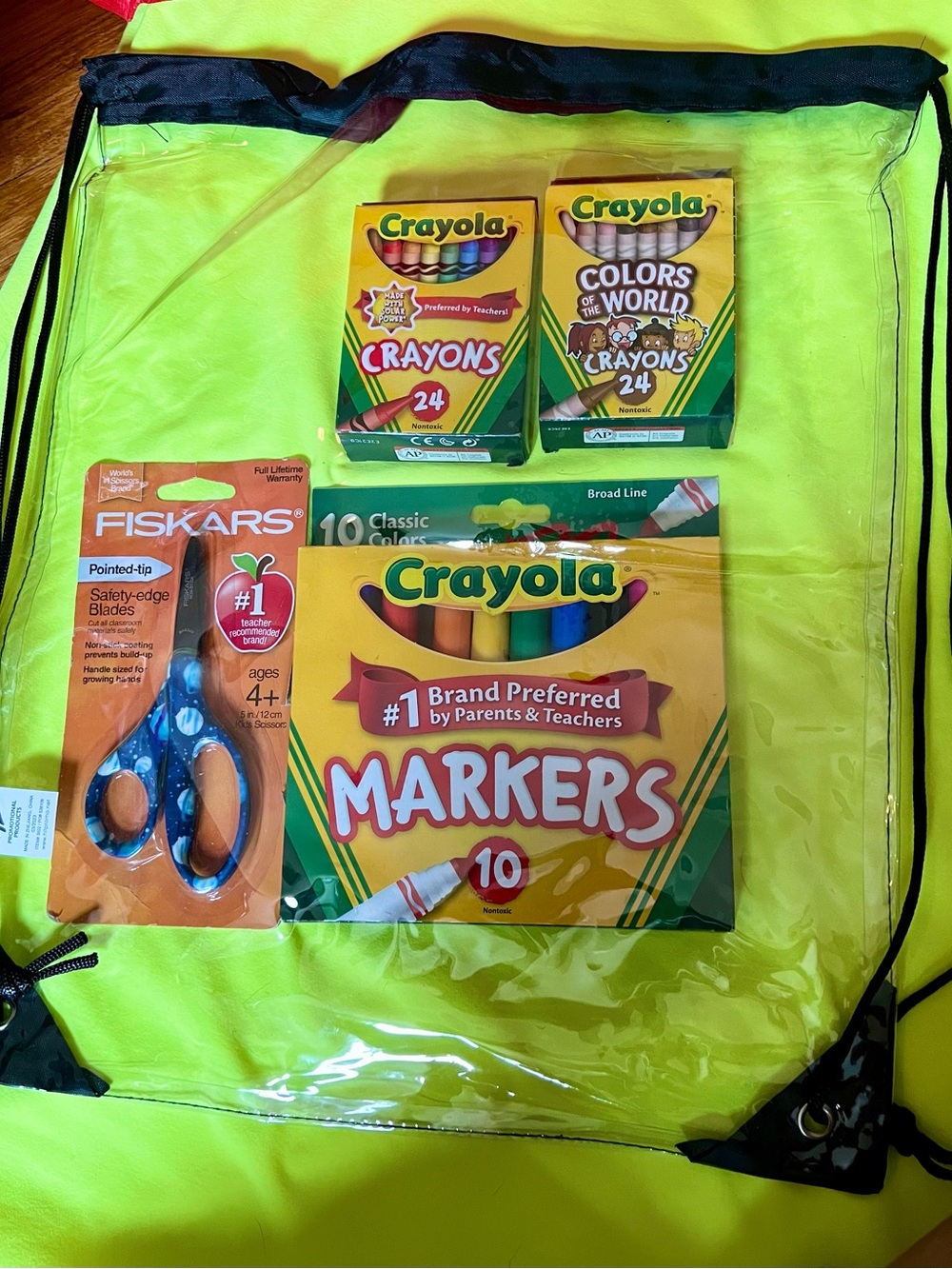 5 pieces School s Markers Crayons Set with Fiskars Scissors Clear Drawstring Bag